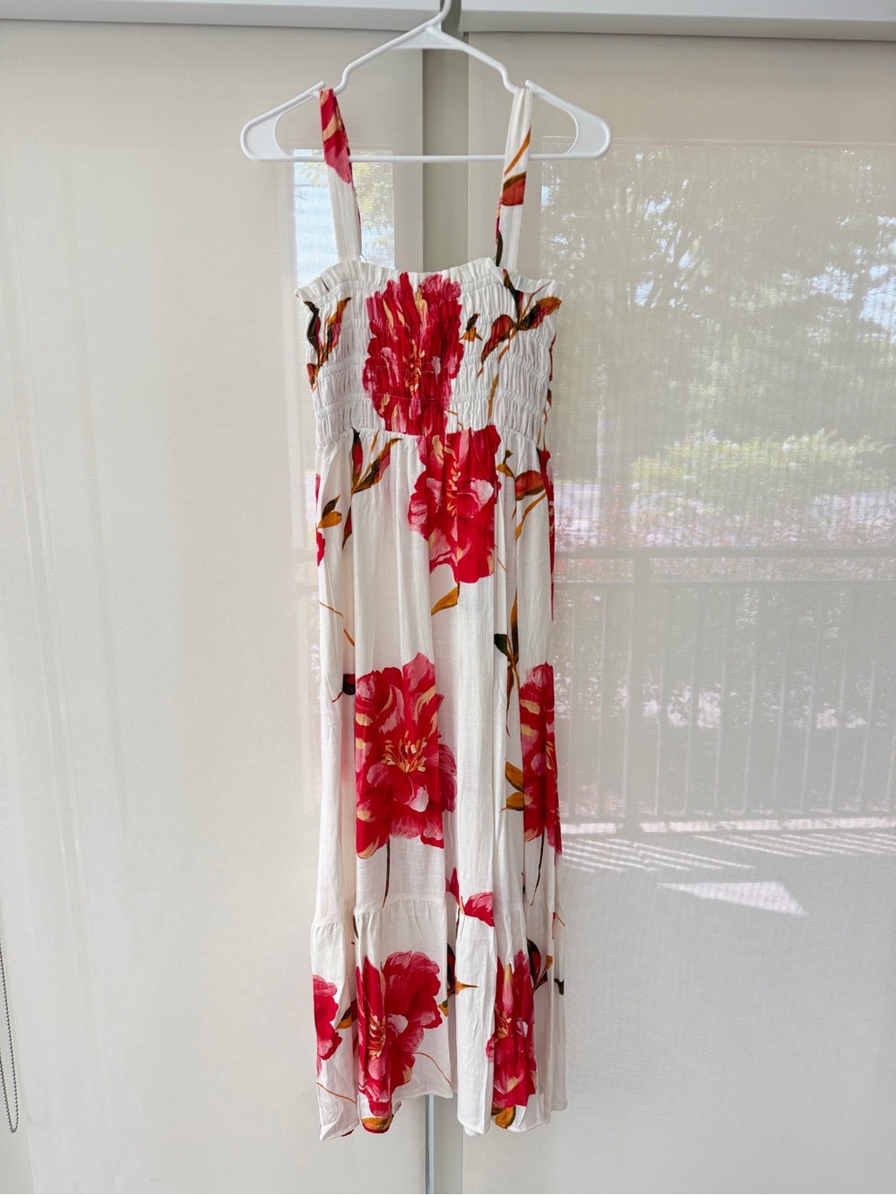 White Closet Elements White Floral Smocked Maxi Dress with Red Blooms